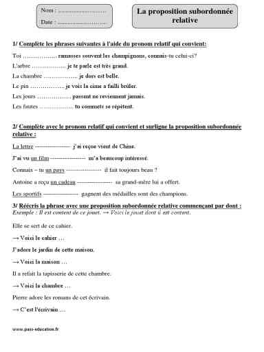 Exercices PDF sur les subordonnées relatives Entraînement complet et