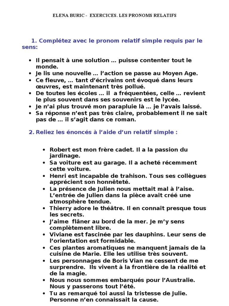 Exercices Pratiques De Pronoms Relatifs En Format PDF General Infosmax